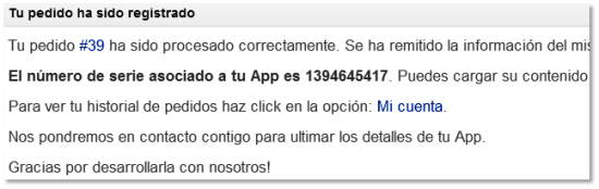 Mensaje con el número de serie de la App